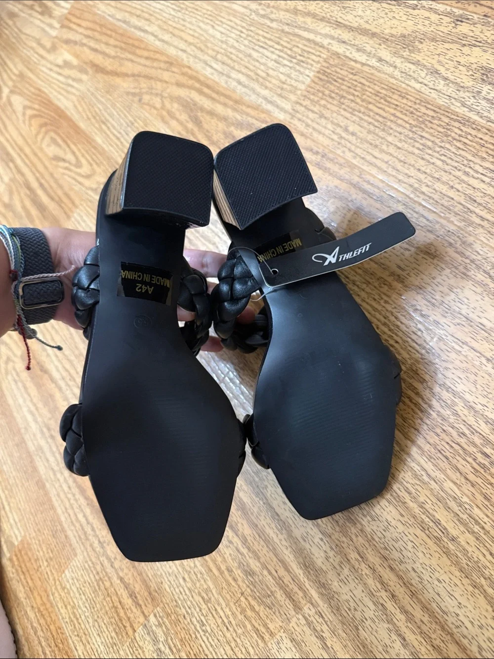 Braided Double-Strap Black Block Heel Sandal - Sleek Slide